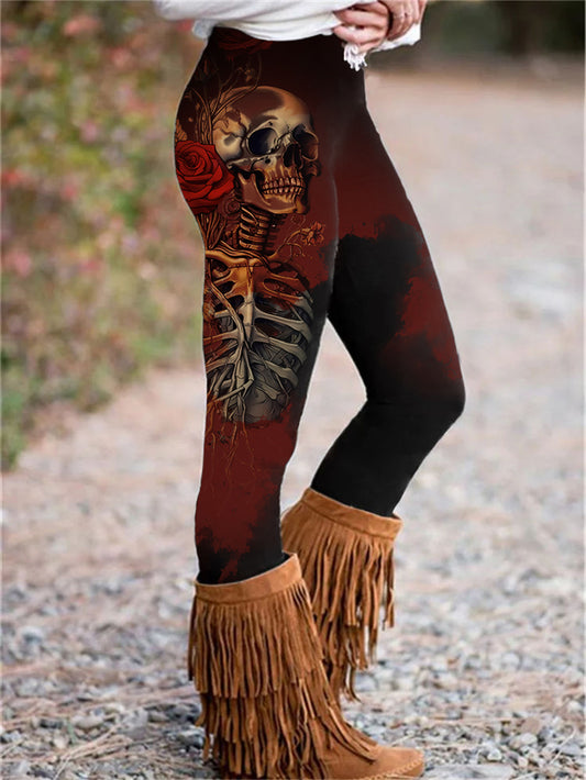 Women's Gothic Skull Rose Print Skinny Yoga Pants