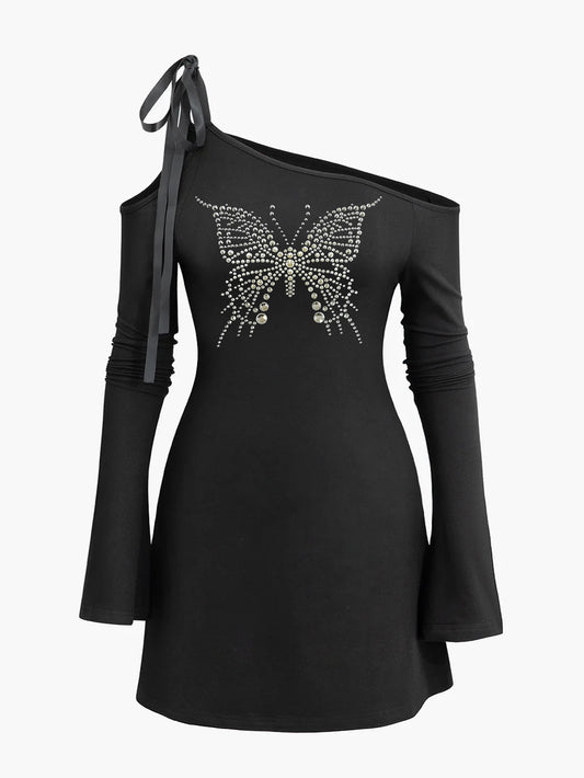 Butterfly Print Shoulder Lace-up Diagonal Collar Dress