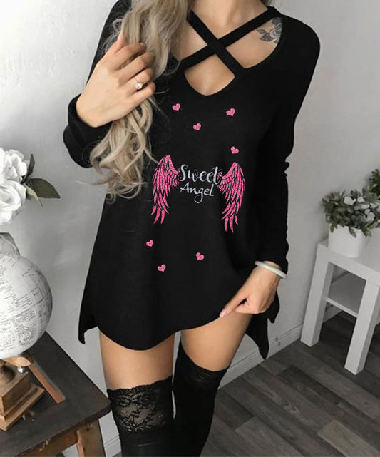 Sexy Sweet Angel Wings Print Long T-shirt