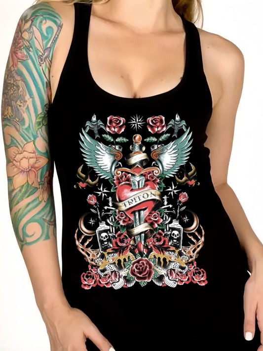 Gothic Love Sword Printed Sexy Vest