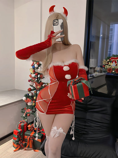 Christmas Sexy Plush Mesh Stitching Hip Skirt Outfit