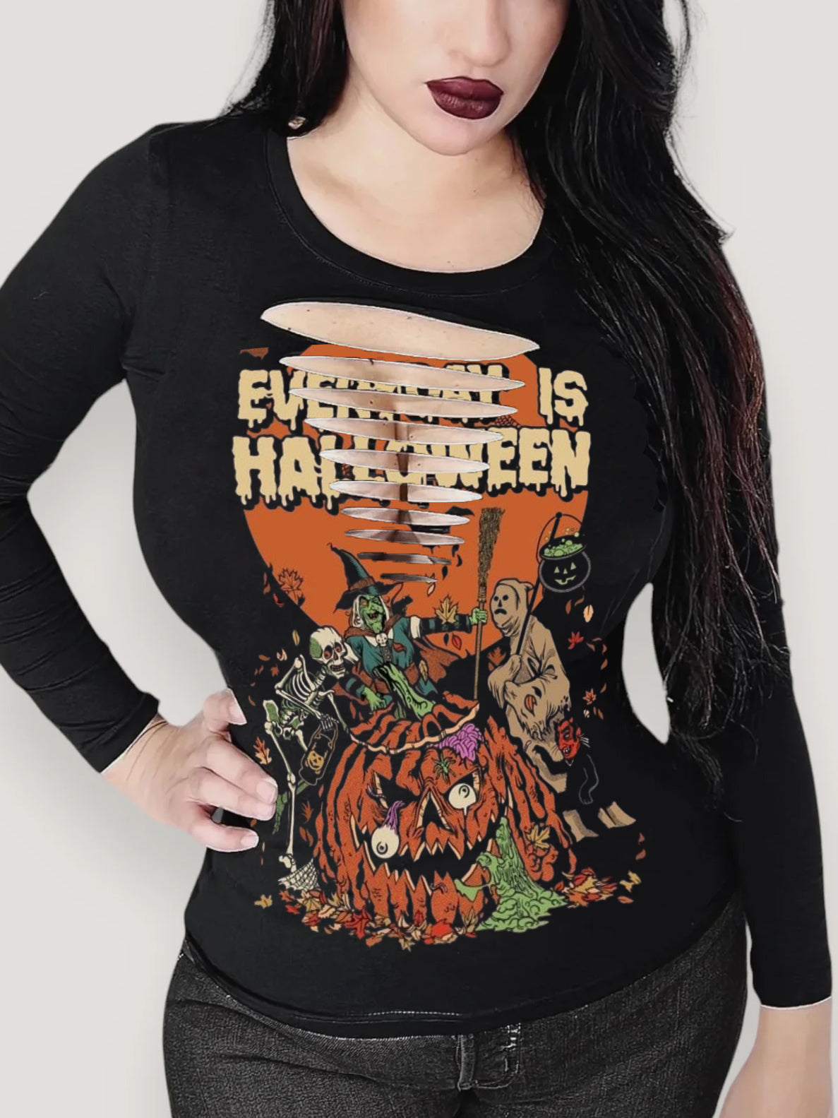 Every day is Halloween Print Round Neck Long Sleeve T-Shirt