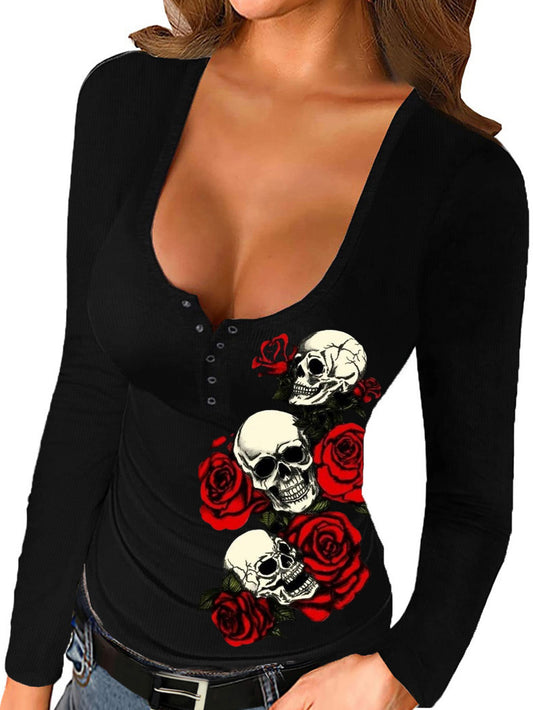 Rose Flower Skull Print Long Sleeve Button Tops