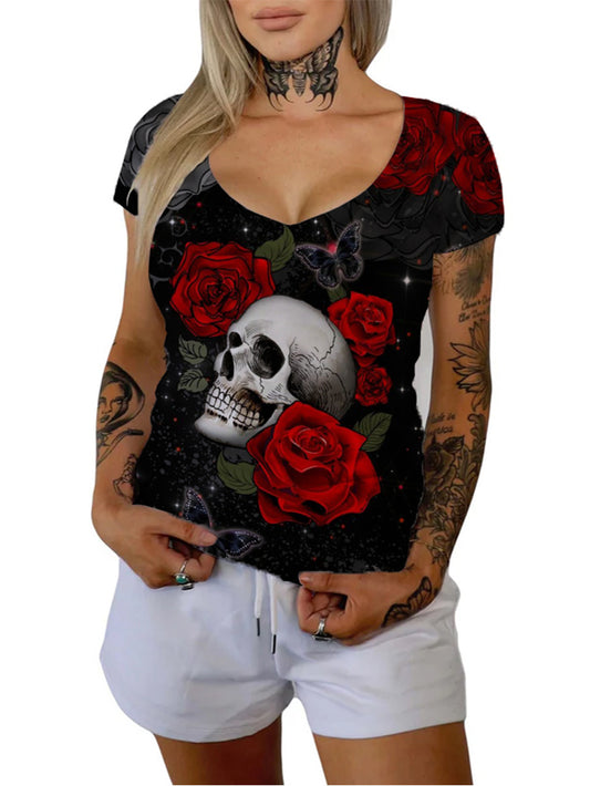 Women's Romantic Starry Rose Skull Printed Casual T-shirt