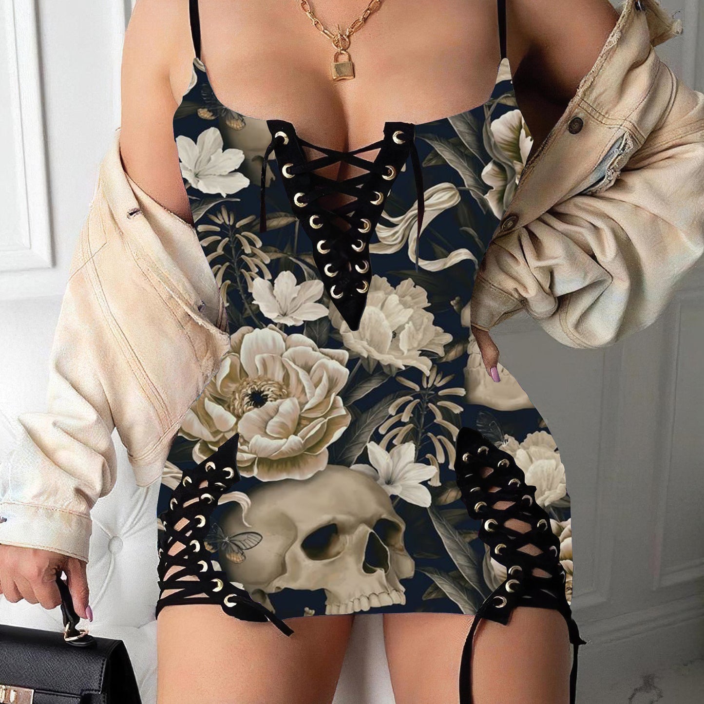 Dark Floral With Skull Print V-neck Eyelet Lace-up Suspension Dress