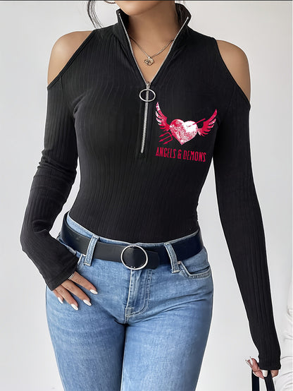 Women's Angels Demons Zipper Stand and Collar Hollow Long Sleeve T-shirt