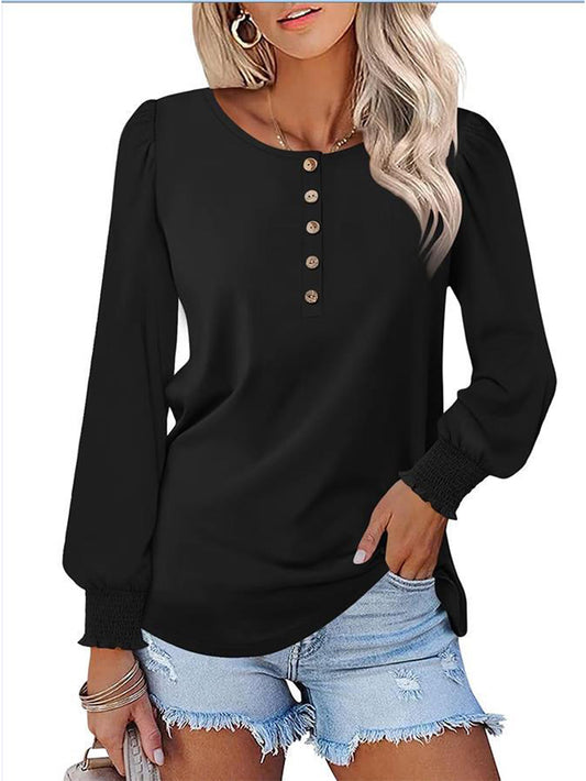 Women's Casual Button Pleated Long-Sleeved T-shirt