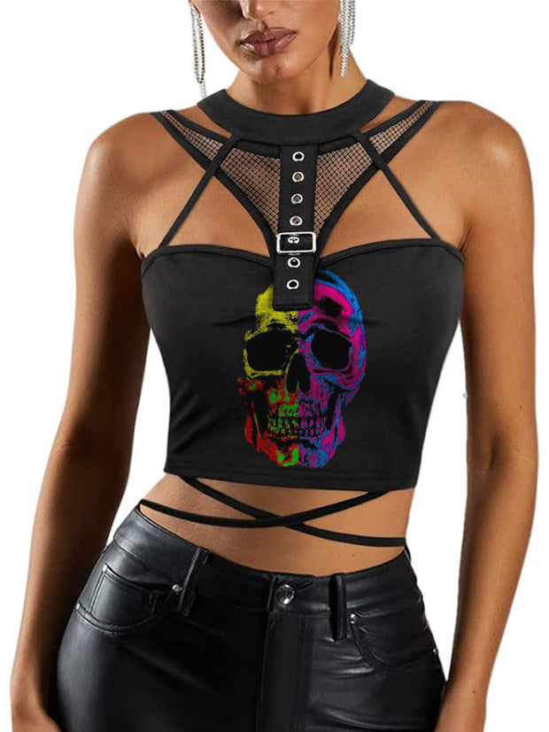 Psychedelic Skull Print Stitching Corns Metal Button Top