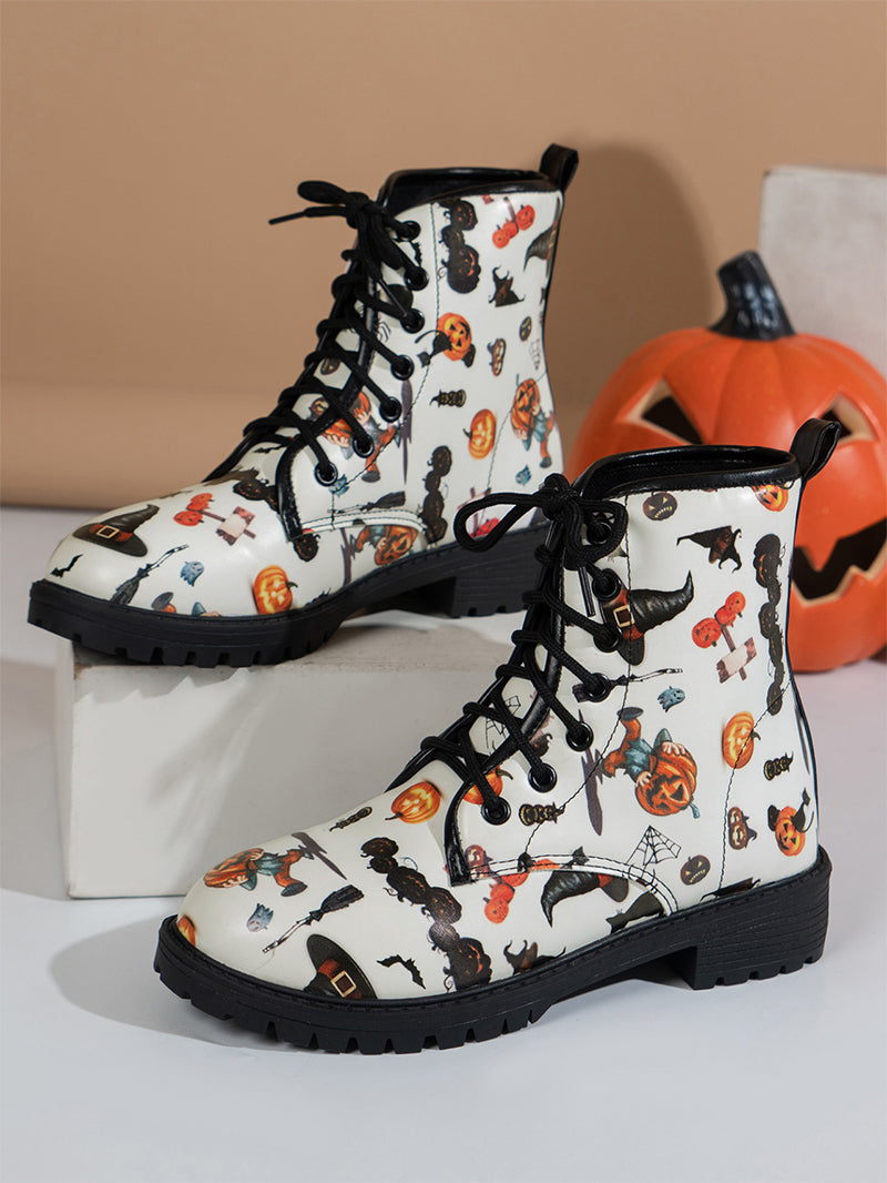 Halloween Pumpkin Toe Front Lace-up Printed Skull Martin Boots