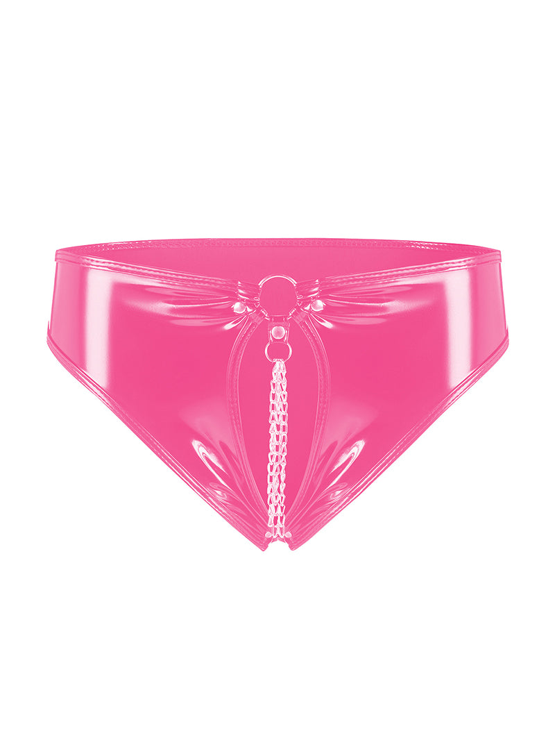 Sexy Patent Leather Hollow-out Pendant Chain Briefs