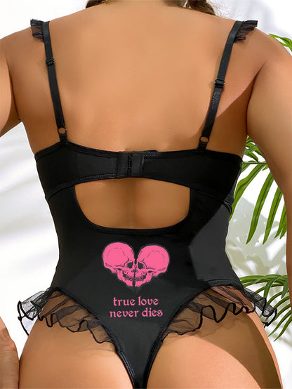 Sexy Gothic True Love Never Die Lace Spaghetti-Strap Lingerie Backless Siamese Underwear