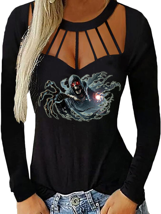 Sexy Gothic Style Skull Devil Binding Hollow-out Tight T-shirt