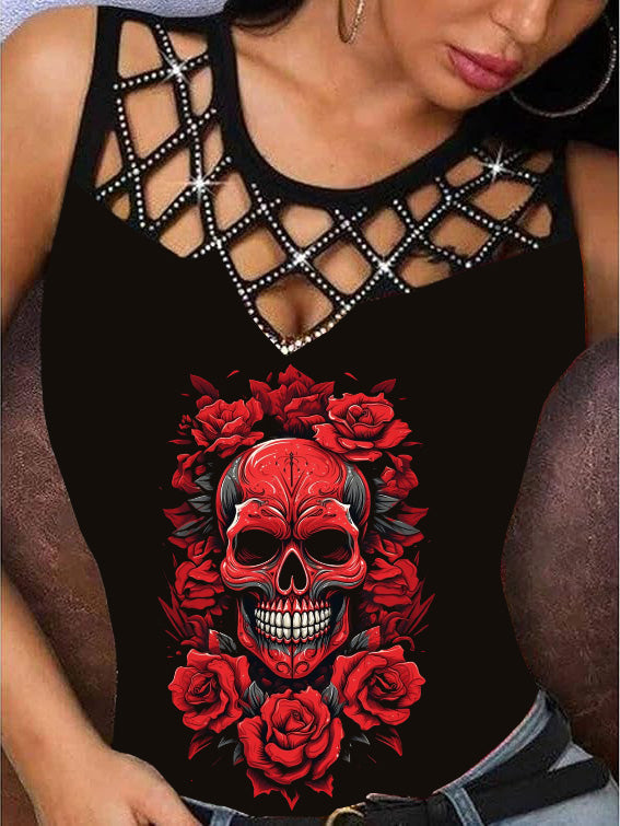 Gothic Skull Red Rose Printed Tank Top