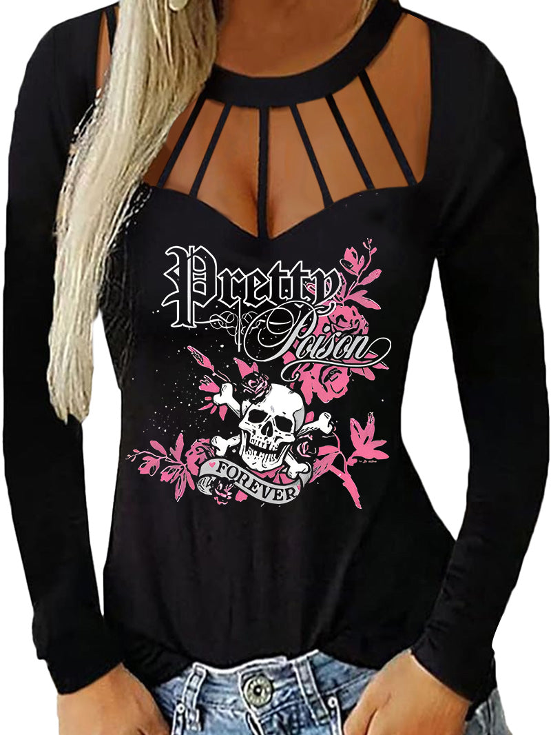 Sexy Gothic Style Petal Skull Binding Hollow-out Tight T-shirt