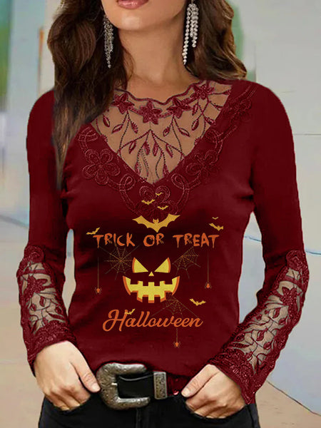 Trick or Treat Halloween Print Sexy Deep V Lace Neck Long Sleep T-Shirt