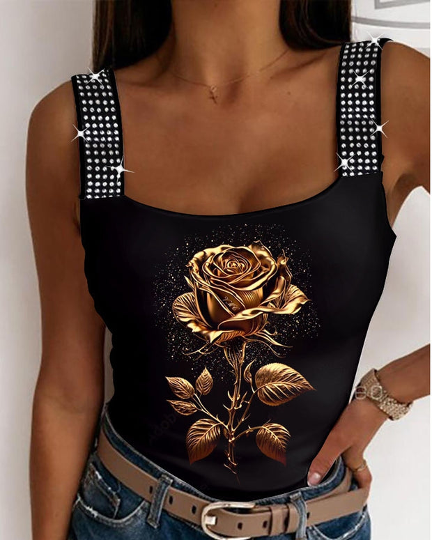 Glänzende sexy Hosenträgerweste mit goldenem Rosen-Print
