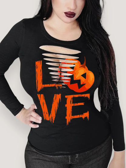 Love Halloween Print Round Neck Long Sleeve T-Shirt