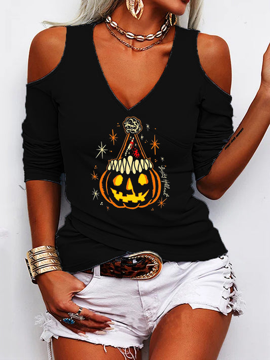 Halloween Pumpkin V-neck off-the-Shoulder T-shirt