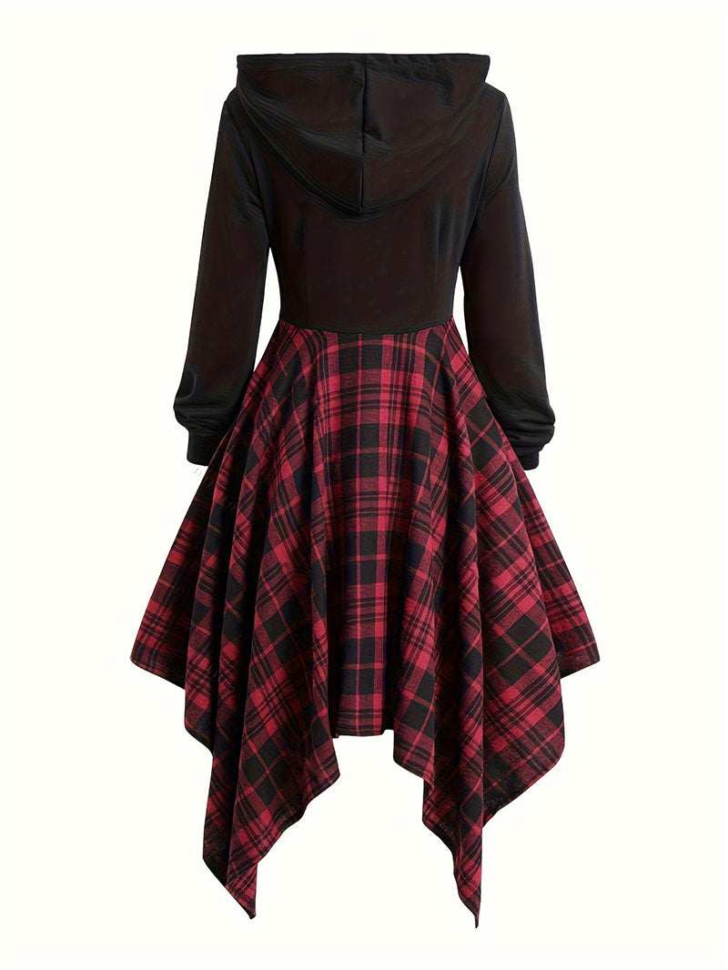 Halloween Gothic Style Hoodie With Drawstrings Hollow Plaid Stitching Dress