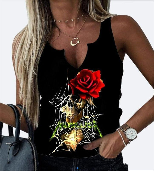 Gothic Spider Web Skull Roses Printed Sexy round Neck V-neck I-Shaped Vest