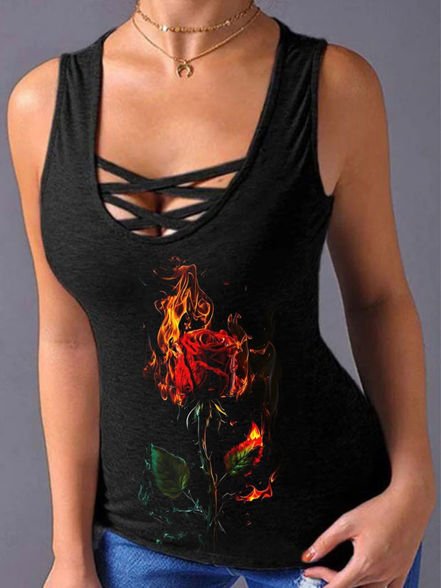 Sexy Flame Burning Rose Print Cross Vests