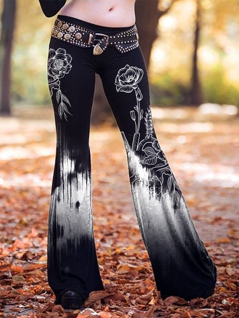 Women's Fashion Gothic Image Flower Print Bell-Bottoms