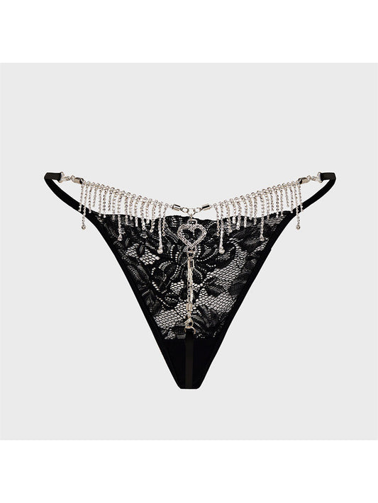 Sexy Lace Metal Diamond Tassel Love Heart Underwear