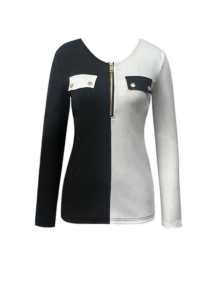 Fashion Color Contrast V-neck Zipper Clinch Long Sleeve T-shirt