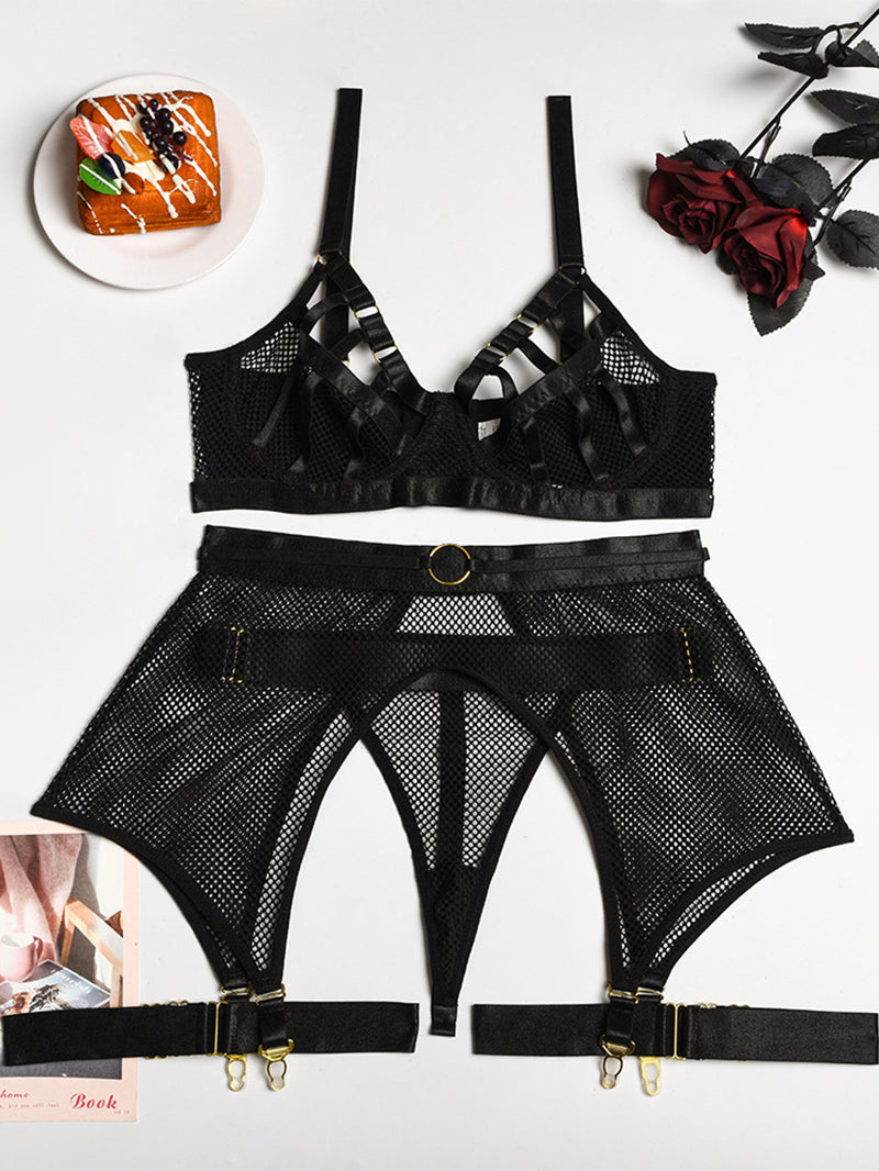 Sexy Punk Hollow Mesh Surface Stitching Garter Underwear Suit