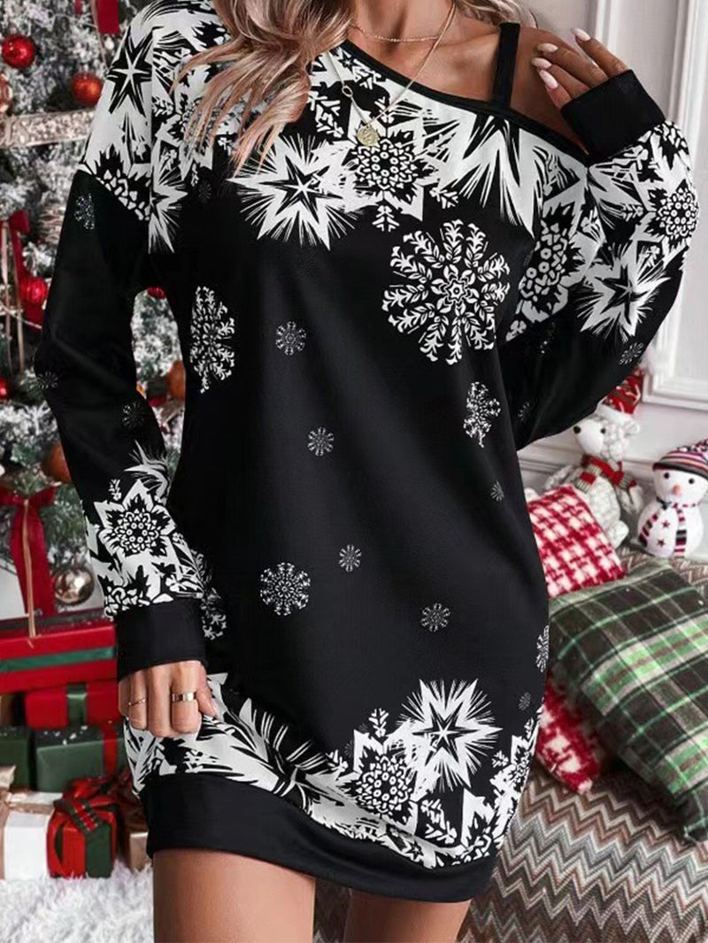 Christmas Snowflake Print Long Sleeve Sloping Shoulder Dress