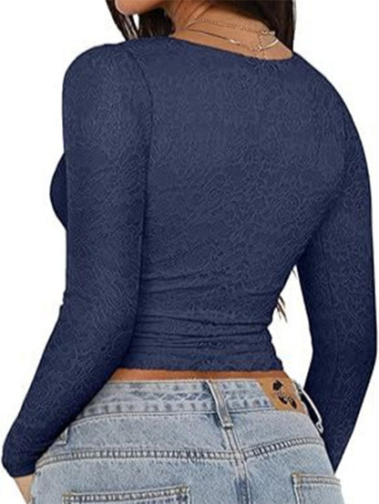 Sexy Women's Lace Hollow V-neck Knitted Long Sleeves