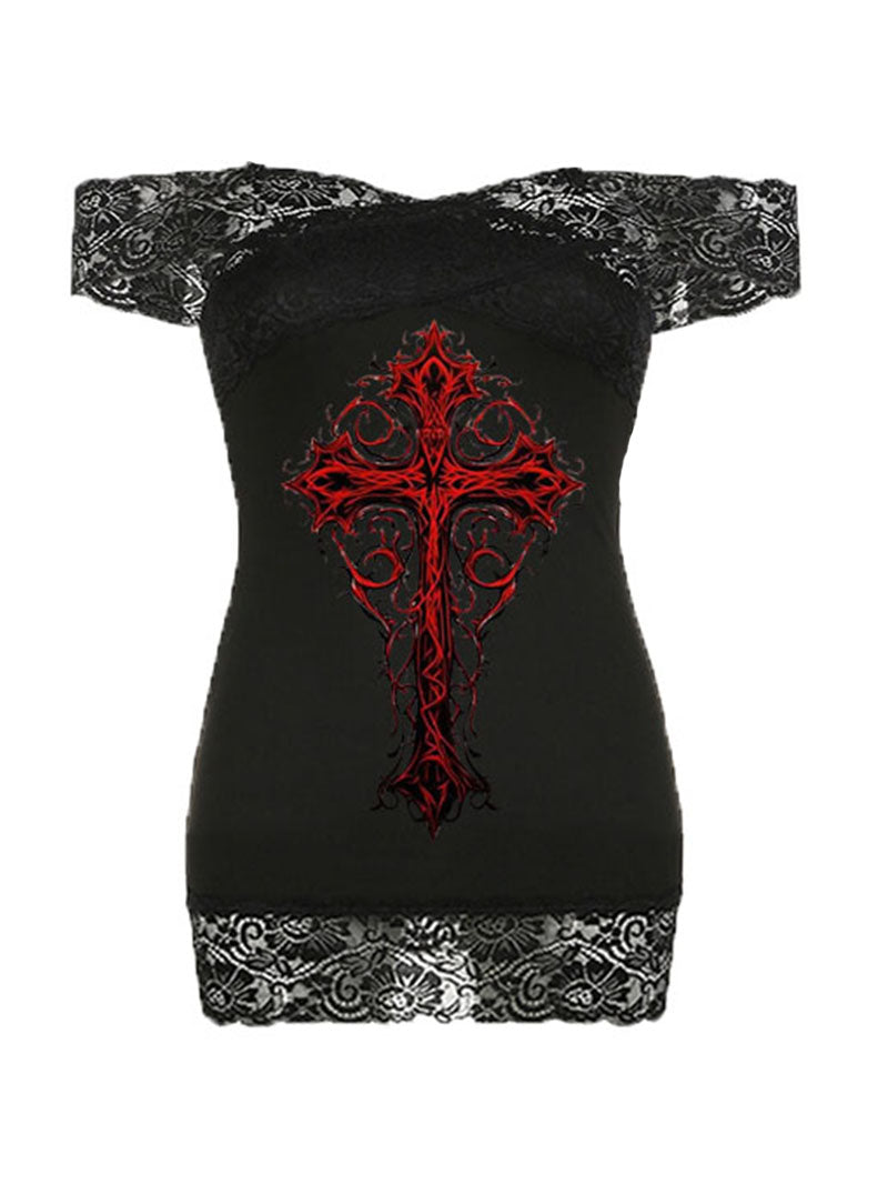 Gothic Cross Printed Sexy Lace Stiching Hip Dress