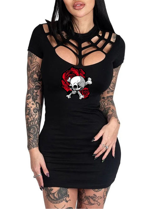 Women's Rose Skull Cross Hollow Sheath Dress