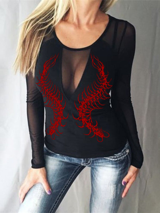 Centipede Print Sexy See-through Gauzy Stitching T-shirt