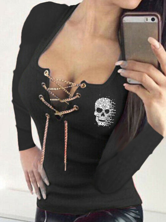 Elegant Women's Particle Skull V-neck Lace up Long-Sleeve T-shirt