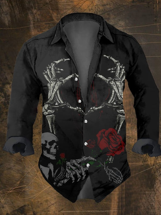 Men's Skull Hand Bone Rose Print Long Sleeve Shirt