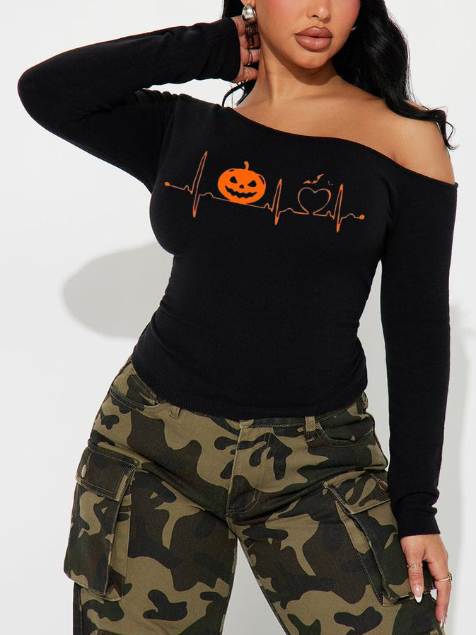 Heartbeat Love Halloween Print Sexy Slant-Shoulder Pleated Long-Sleeved Top