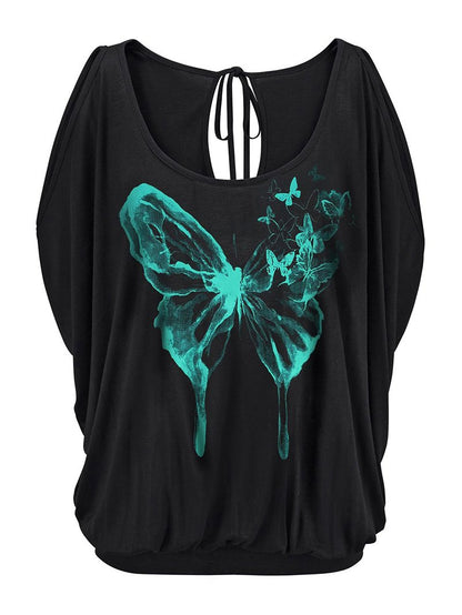 Butterfly Printed Cold Shoulder Lace-up T-shirt