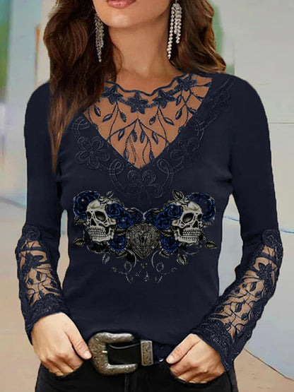 A Skull Roses Print Sexy Deep V Lace Neck Long Sleeve T-Shirt