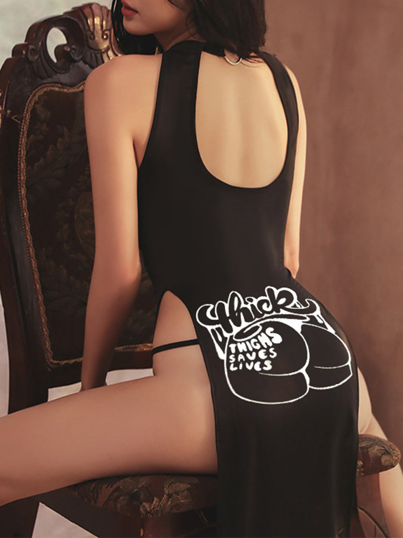 Sexy Cartoon Letter Printing Halter Tight Side Slit Dress Underwear Suit