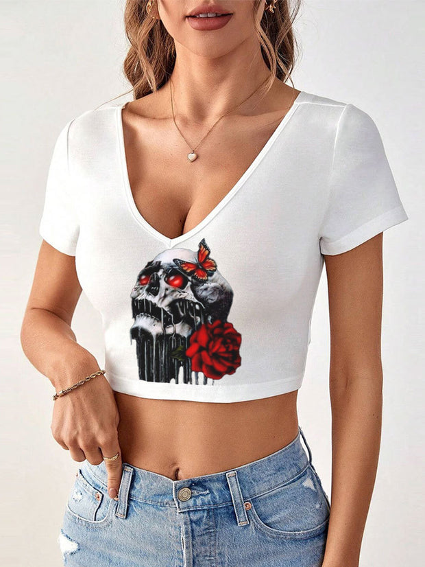 Butterfly Skull Sexy Low round Neck Short Sleeve Tight T-shirt