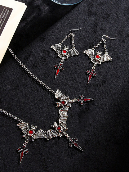 Halloween Gothic Water Drop Bat Cross Earrings and Necklace Set