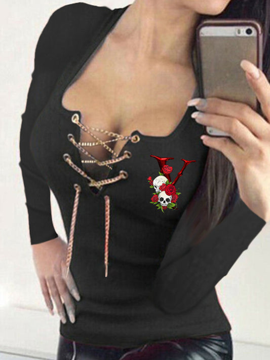 Elegant Women's Red Rose Skull V-neck Lace up Long-Sleeve T-shirt