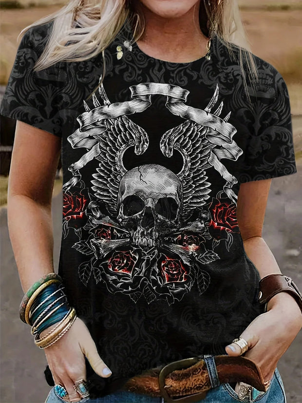 Kurzärmliges T-Shirt mit Gothic-Rosen-Totenkopf-Print 