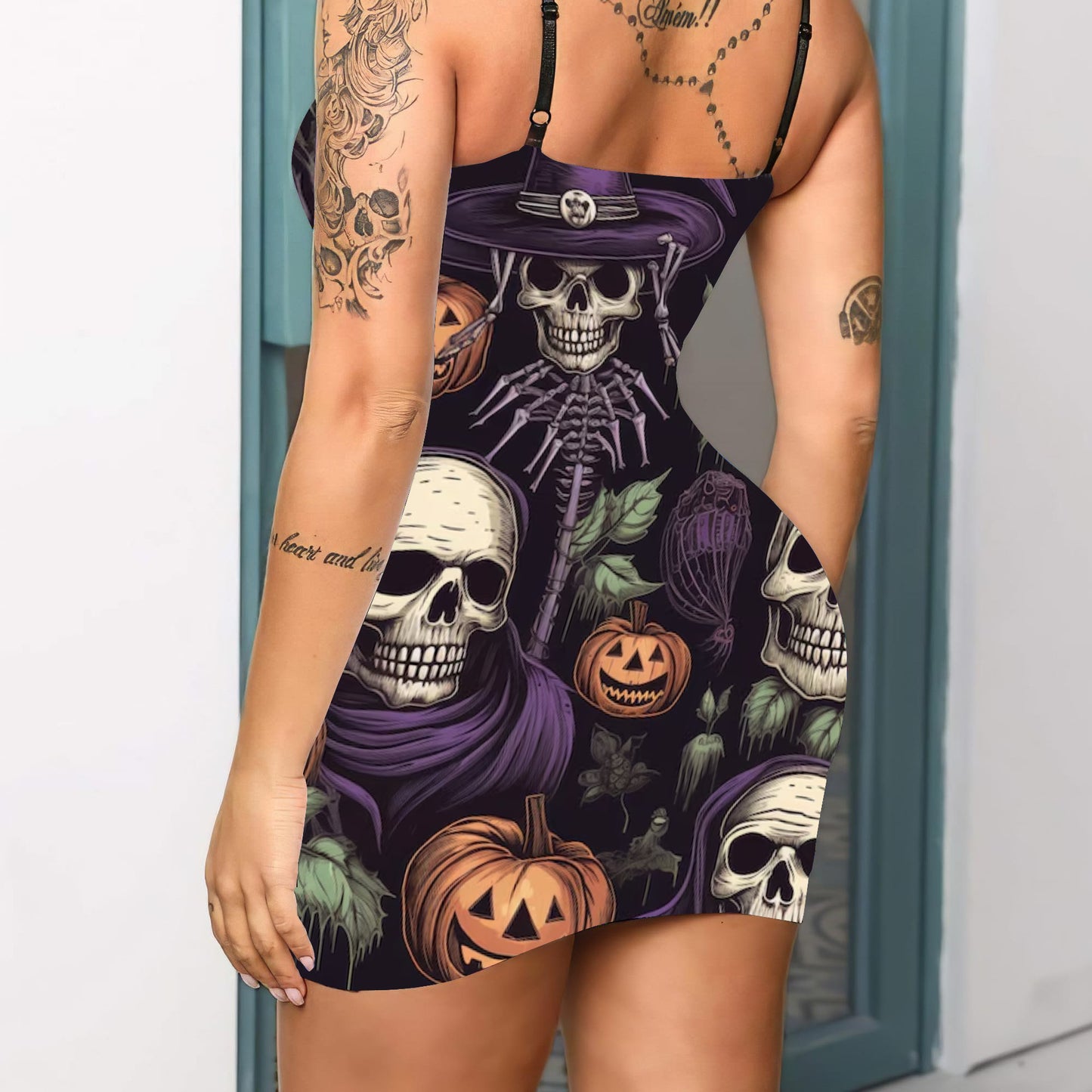 Halloween Skulls Pumpkin Print V-neck Eyelet Lace-up Suspension Dress