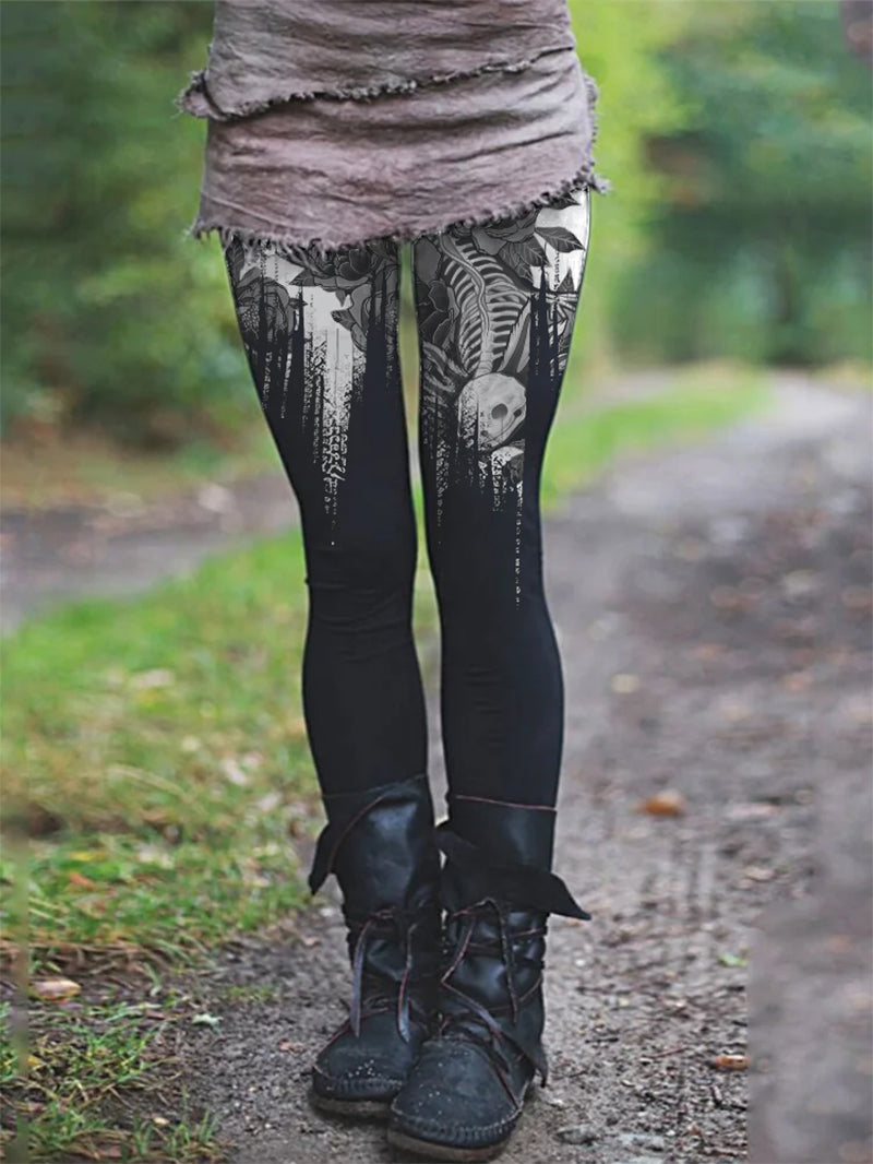 Women's Gothic Brush Shadow Animal Skull Print Skinny Yoga Pants