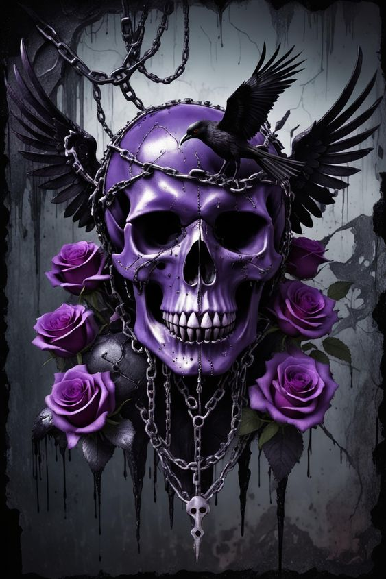 Fashion 3D Golden Style Purple Rose Skull Crow Print Irregular Hooded Sweater