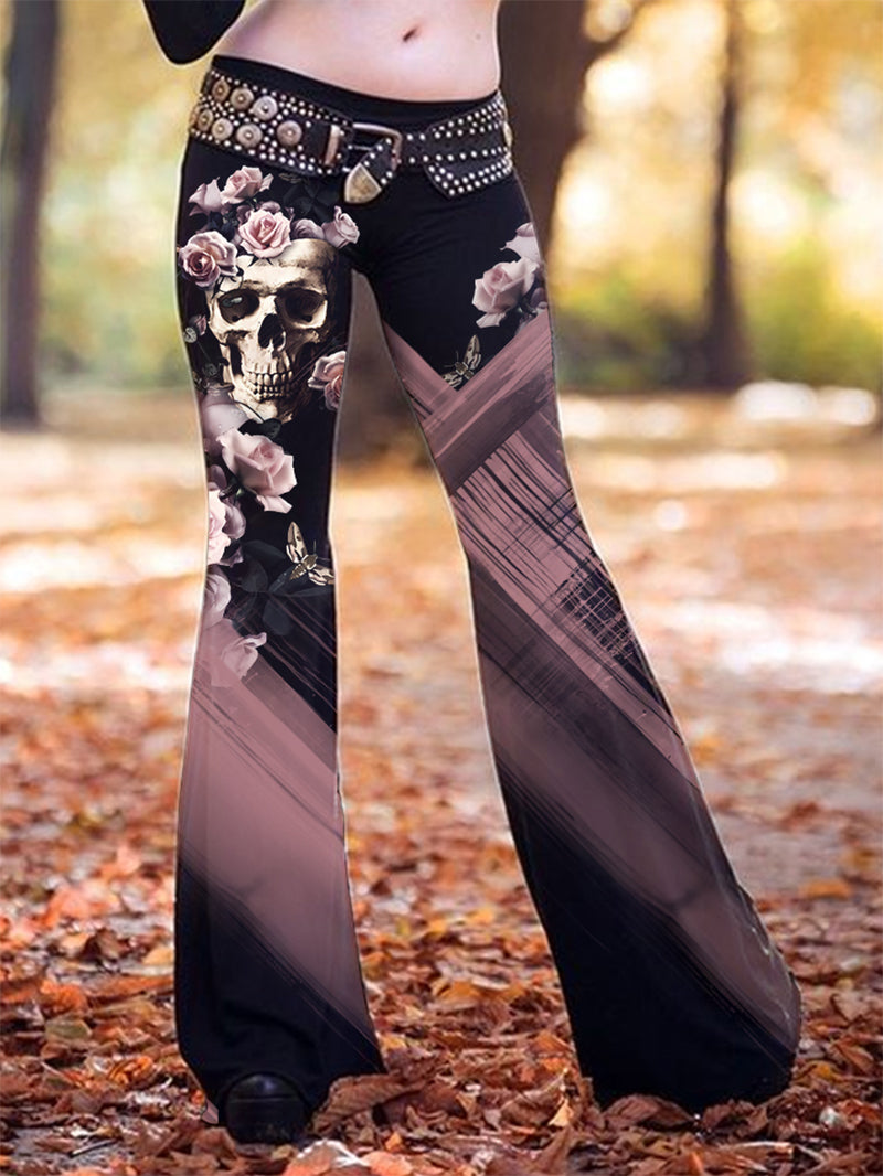 Women's Fashion Gothic Skull Rose Pink Gradient Print Bell-Bottoms