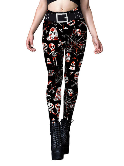 Halloween Horror Skull Spider Web Print Yoga Pants