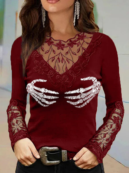 Skull Hand Print Sexy Deep V Lace Neck Long Sleep T-Shirt